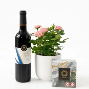 מארז עציץ ורדים עם יין ושוקולד יוקרתי